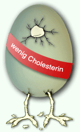 Zeichnung eines grünen Eis auf Hühnerbeinen mit der Aufschrift „wenig Cholesterin“