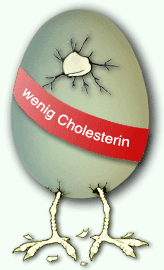 Zeichnung eines grünen Eis auf Hühnerbeinen mit der Aufschrift „wenig Cholesterin“