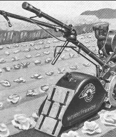 Historische Zeichnung einer Bungartz-Motorfräse bei der Feldarbeit